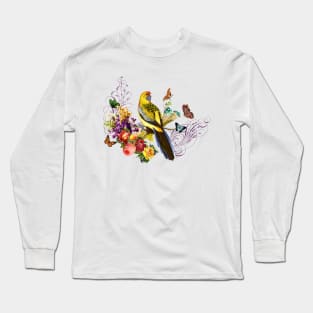 Yellow Parrot standing on tree with butterflies roses French ornaments Long Sleeve T-Shirt